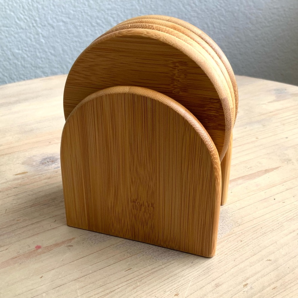 Bamboo Coaster Set with Matching Caddy, NIB